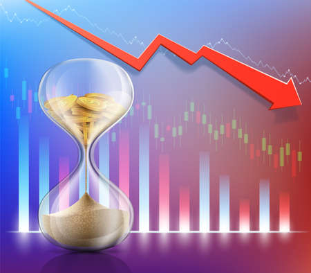 Gold coins dollars in an hourglass turn into sand. Financial bankruptcy in business. Vector...