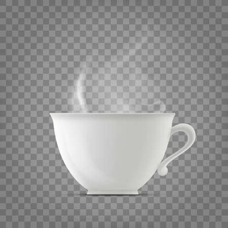 White cup with hot drink and steam. Template isolated on a transparent background. Vector mockup.のイラスト素材