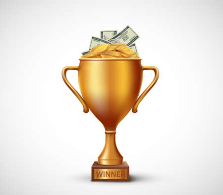 Paper money and coins dollars in the winners golden cup. Isolated on white background. Vector illustration.のイラスト素材