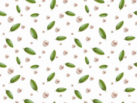 Green leaves and beads or pearls isolated on white background. Seamless pattern. Vector illustration.のイラスト素材