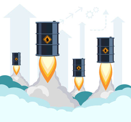 Barrels of crude oil fly into the sky like rockets. Vector illustration.のイラスト素材