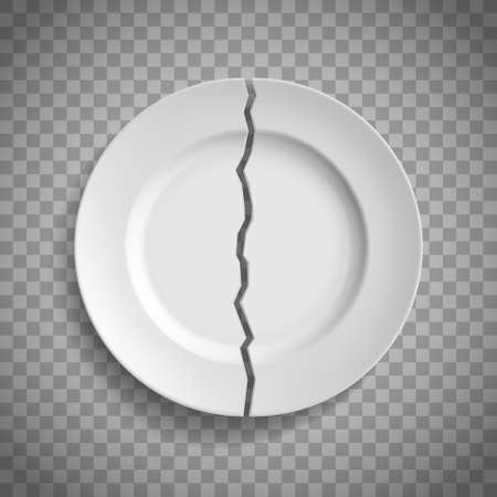 White porcelain plate is broken into two pieces. Template is isolated on transparent background. Vector illustration.のイラスト素材