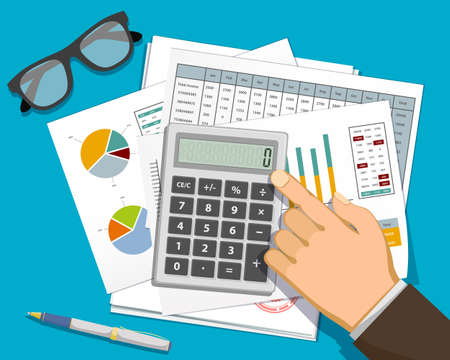 Businessman points his finger at the calculator and financial documents. Taxes and business expenses. Vector illustrationのイラスト素材