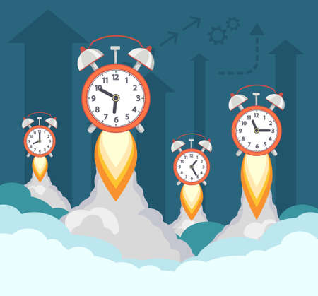 Alarm clocks fly into the sky like rockets. Deadline in business. Vector illustration.のイラスト素材