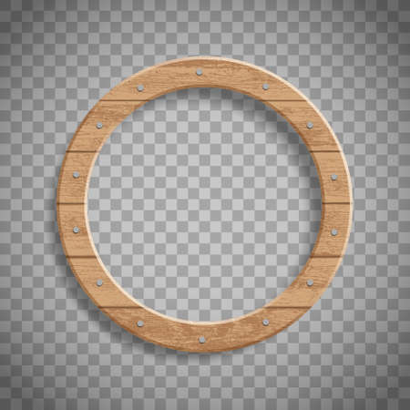 Round wooden frame with nails. Template for a text is isolated on a transparent background. Vector mockupのイラスト素材