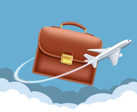 Plane flies around the suitcase against the sky with clouds. Business travel and tourism. Vector illustration.のイラスト素材