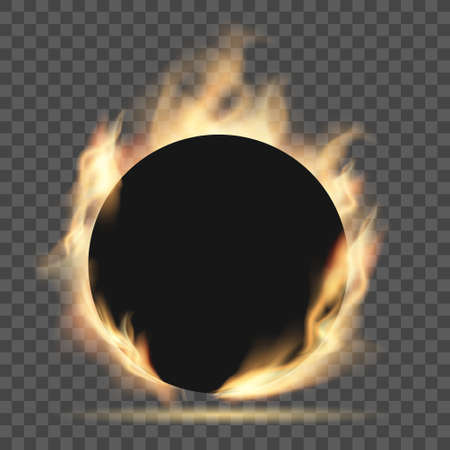 Round background with burning flames around. Vector template for text. Mock up isolated on transparent background.のイラスト素材