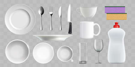 Ceramic and glass dishes isolated on a transparent background. Cups, plates, cutlery and a bottle of detergent with sponge. Vector templateのイラスト素材