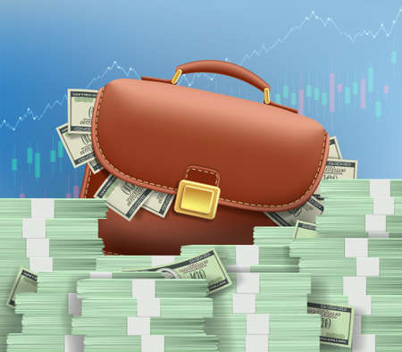 Stacks of money and a suitcase full of dollars against the backdrop of growing financial charts. Vector illustration.のイラスト素材