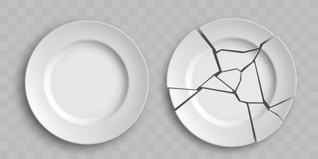 Broken white porcelain plate. Template is isolated on transparent background. Vector mockupのイラスト素材