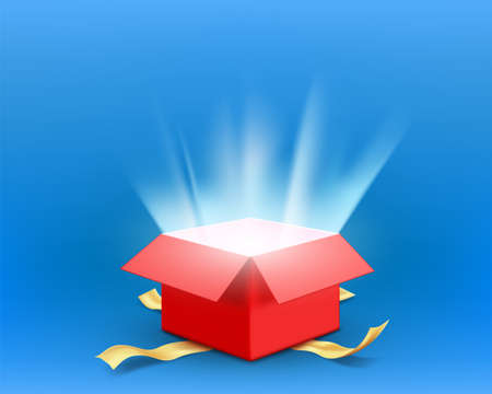 Red open gift box with rays of light from the inside. Vector template.