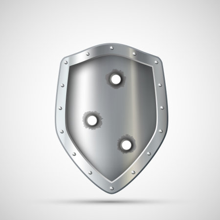 Metal broken shield with bullet holes. Icon isolated on white background. Vector illustration.のイラスト素材