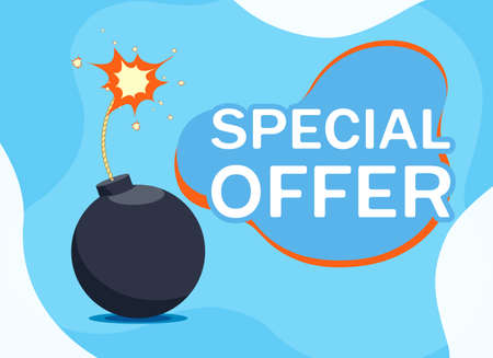 Special offer banner with round bomb and wick. Vector illustration