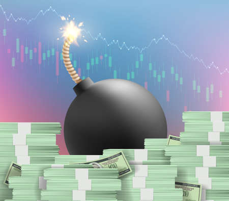 Default in the economy. A round bomb with a wick on a stack of money. Business crisis and recession....