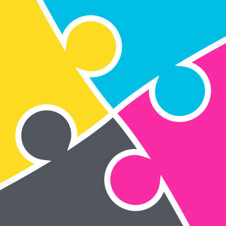 CMYK liquid ink background. Color pigments as puzzle pieces. Vector illustration
