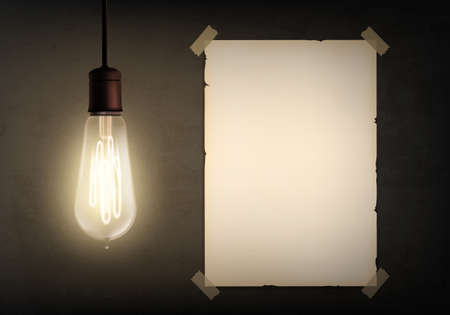 Blank paper poster or banner illuminated by light bulb and hanging on a wall. Vector background.のイラスト素材
