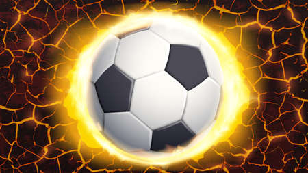 Soccer ball flying through the burning wall with cracks. Vector illustrationのイラスト素材