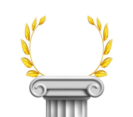 Antique column pillar pedestal with golden laurel wreath. Template for presentation isolated on white background. Vector illustrationのイラスト素材