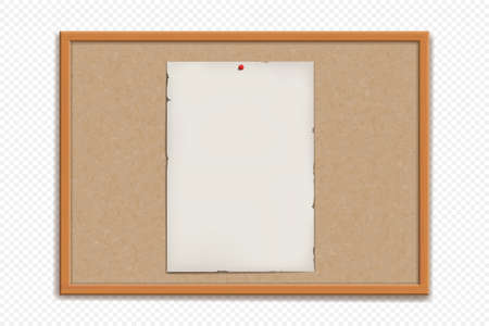 Cork bulletin board with blank paper sheet. Template isolated on a transparent background. Vector mockupのイラスト素材
