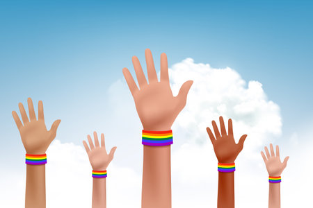 People raised their hands up with flags of the LGBT community. Symbol of diversity and human rights. Vector illustrationのイラスト素材