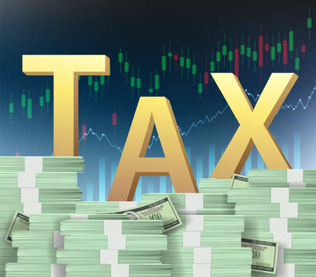Word TAX on a stack of dollar paper money. Business expenses and financial investments. Vector illustrationのイラスト素材