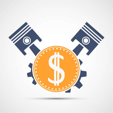 Dollar coin icon in front of engine pistons. Vector logo isolated on white background. Business development and financial investment symbol.のイラスト素材
