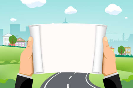 Man holds a map or a blank banner in his hands against a road and suburb. Vector illustration with copy spaceのイラスト素材