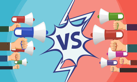 VS. Versus and propaganda concept. People hold megaphones in their hands. vector illustrationのイラスト素材