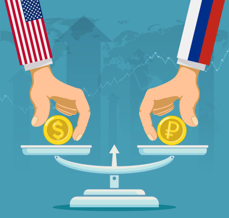 Businessmen with the flags of Russia and the USA put dollar and ruble coins on the scales. Financial war and sanctions. vector illustrationのイラスト素材