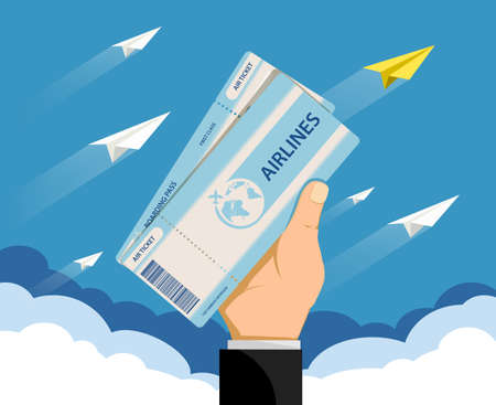Air ticket in the passengers hand against the background of flying planes. vector illustrationのイラスト素材