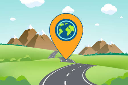 Road path with location pointer against the background of a countryside landscape. travel route. vector illustration.のイラスト素材