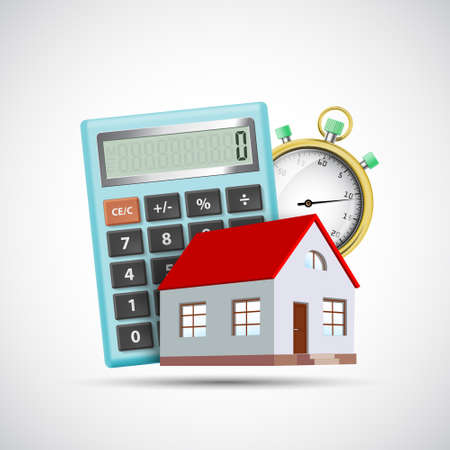 House on the background of a calculator and a timer. real estate development. vector illustrationのイラスト素材