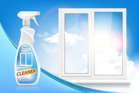 window cleaner promo poster. Bottle trigger spray with detergent near a clean window. vector illustrationのイラスト素材
