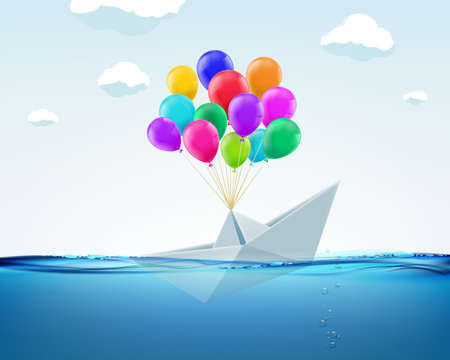 Sinking paper ship takes off in balloons. business insurance. vector illustrationのイラスト素材