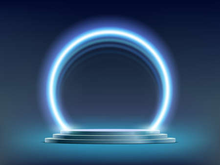 Podium mockup with neon round frame. vector backgroundのイラスト素材