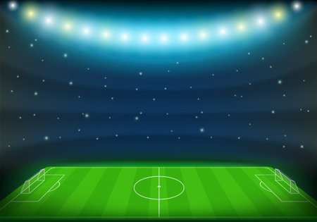 Football field with green grass on the stadium. Sports soccer background illuminated by spotlight. vector illustration.のイラスト素材