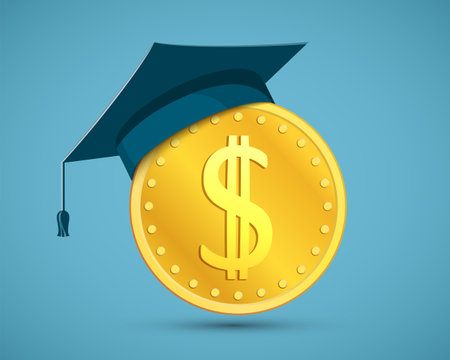 Graduation cap on a dollar coin. Education loan and bribery. vector illustrationのイラスト素材