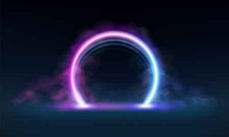Neon glowing round frame with purple smoke or fog. vector illustrationのイラスト素材