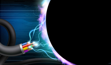 Electrical wires or cable with glowing voltage discharge. background for text. vector illustrationのイラスト素材