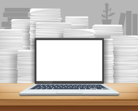 Laptop with white blank screen. Workplace with stack of papers and documents. vector illustrationのイラスト素材