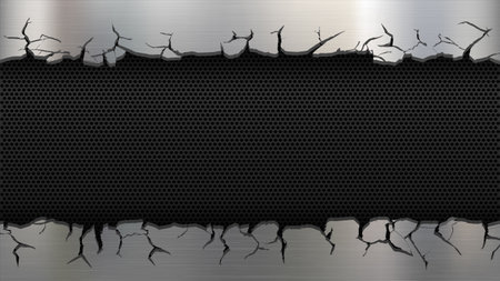 Metal plate with torn edges on a steel mesh background. vector illustrationのイラスト素材