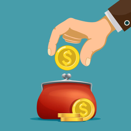 Human hand puts a dollar coin in a wallet. Financial savings and paying taxes. vector illustrationのイラスト素材