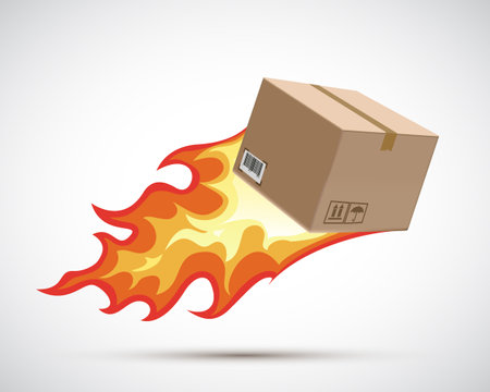 Vector burning cardboard box is flying. Icon isolated on white background. Fast delivery of goods and parcels. Sale on black friday.のイラスト素材