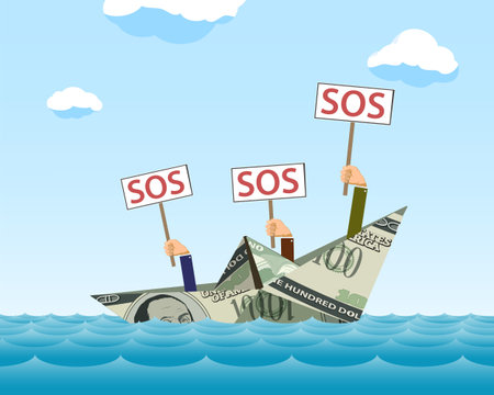 Paper boat made of the dollar currency is sinking in water. Financial banking crisis and business bankruptcy. vector illustration.のイラスト素材