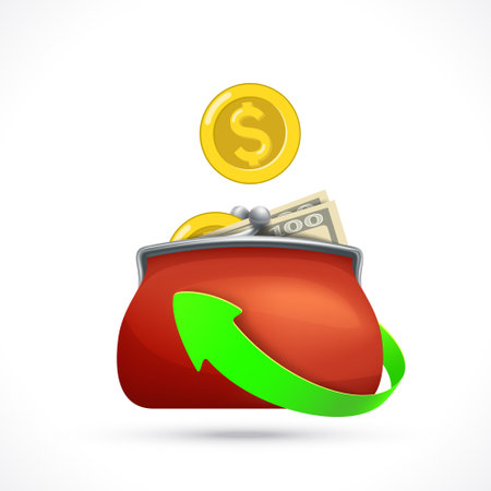 Wallet with money and growing green arrow. Money savings and cashback. Vector illustration isolated on white background.のイラスト素材