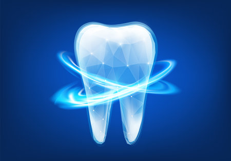 Human tooth in modern futuristic polygonal style. Dental teeth whitening. Vector low poly illustrationのイラスト素材