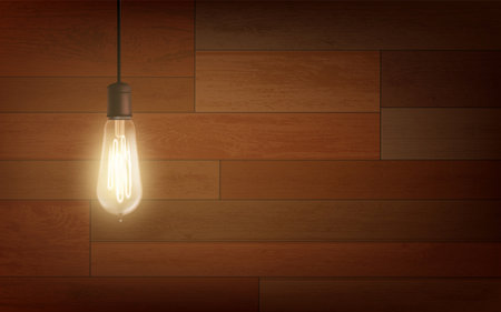Light bulb is glowing on the background of a wooden wall. vector illustration.のイラスト素材