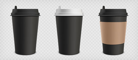 Black disposable cardboard or paper coffee mug. Mockup set isolated on transparent background. vector illustration.のイラスト素材
