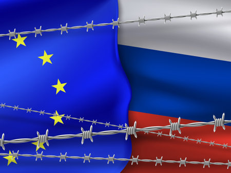 Flags of Russia and the European Union on a background of metal barbed wire. Economic sanctions against the Russian Federation. vector illustration.のイラスト素材