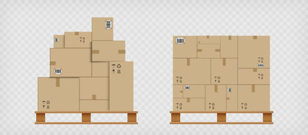 Cardboard boxes on a pallet. Cargo delivery and moving service. Cargo transportation and logistics in the warehouse. Isolated on a transparent background. Vector illustrationのイラスト素材